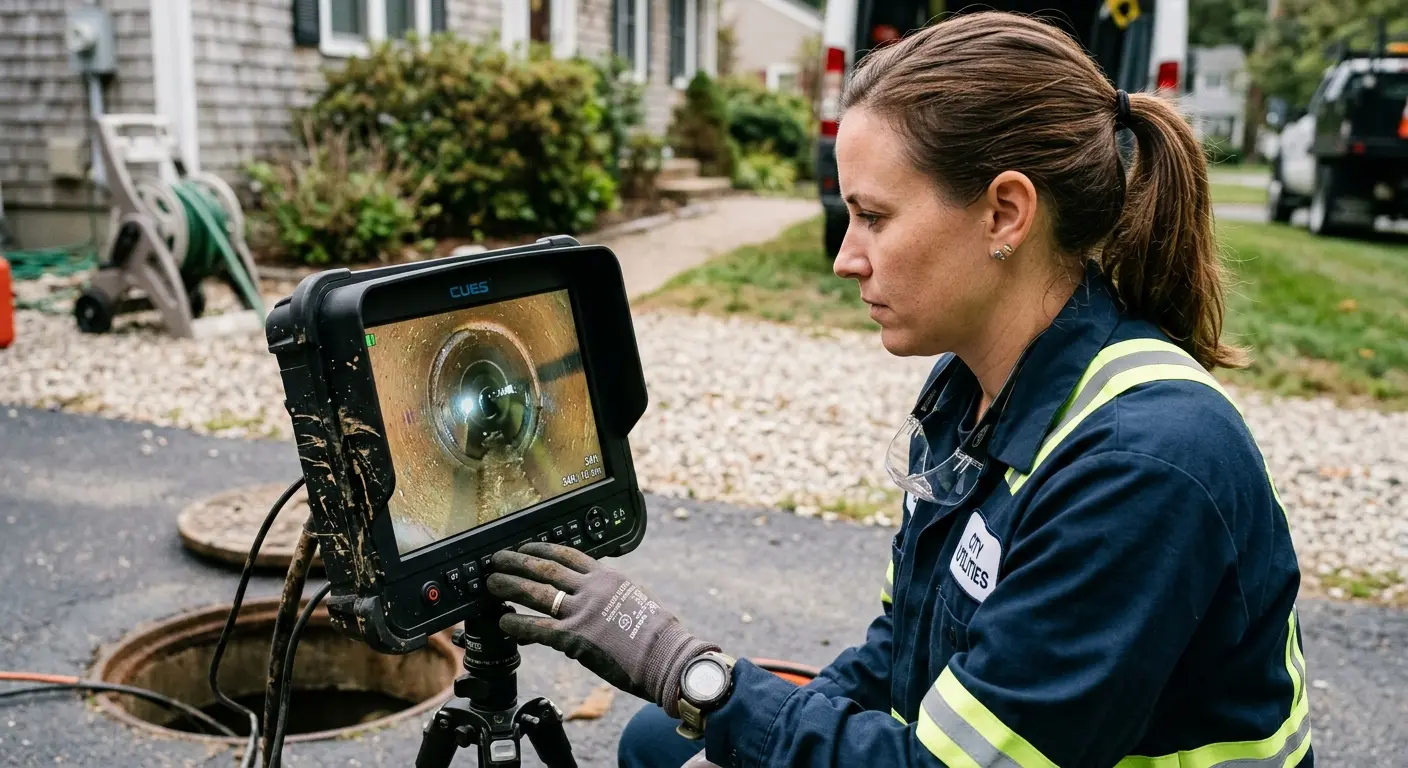 Technician reviewing sewer camera inspection footage in Prairie Ridge