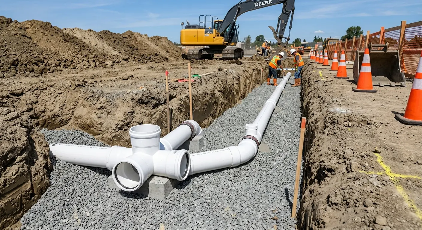 New PVC sewer pipe installation in open trench for Commercial Drain Cleaning in Prairie Ridge