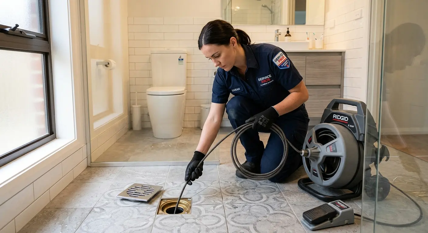 Technician clearing a bathroom floor drain for Clogged Drain Repair in Prairie Ridge